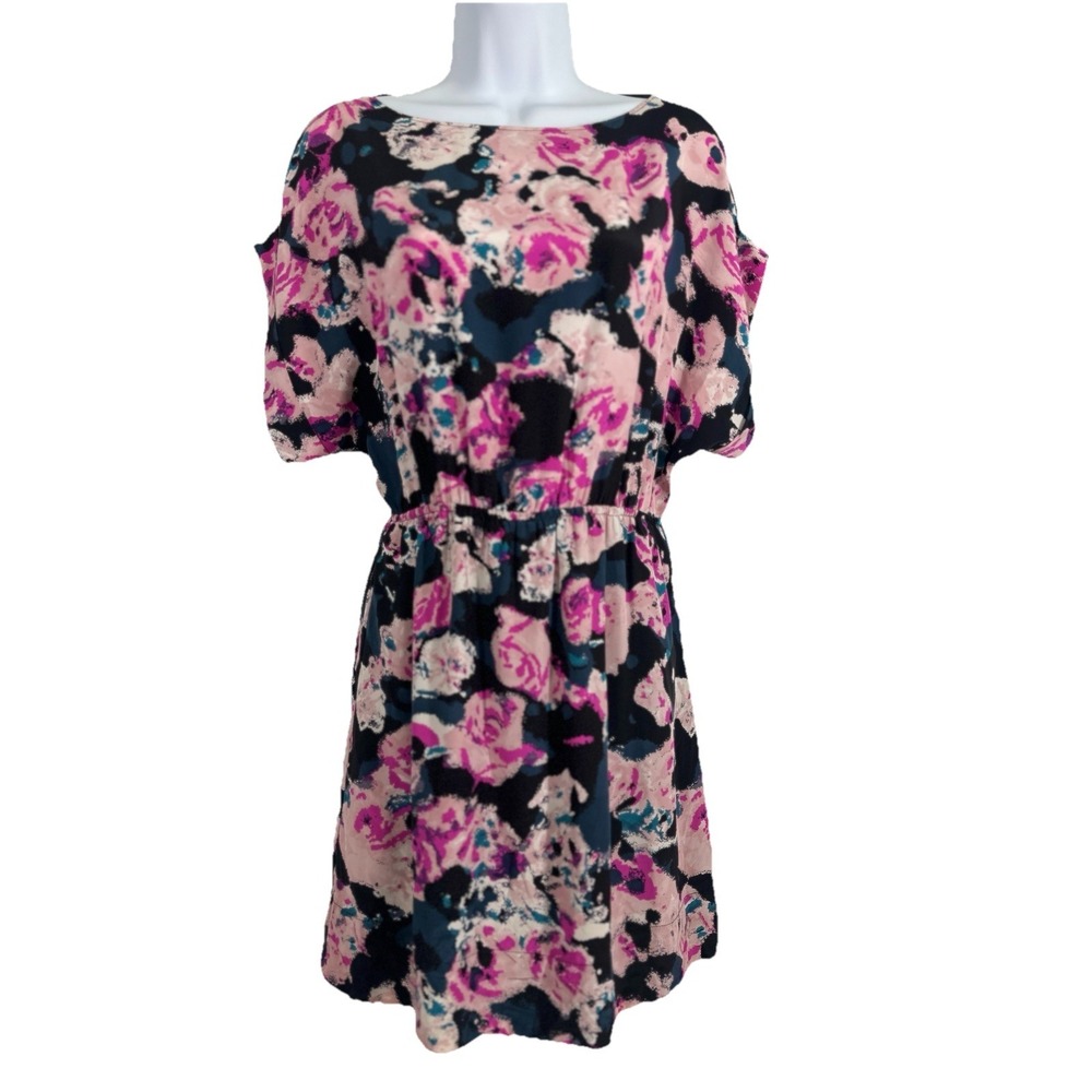 Wink Short Sleeve Pink Black 100% Silk Abstract Floral Mini Dress Size XS Chic